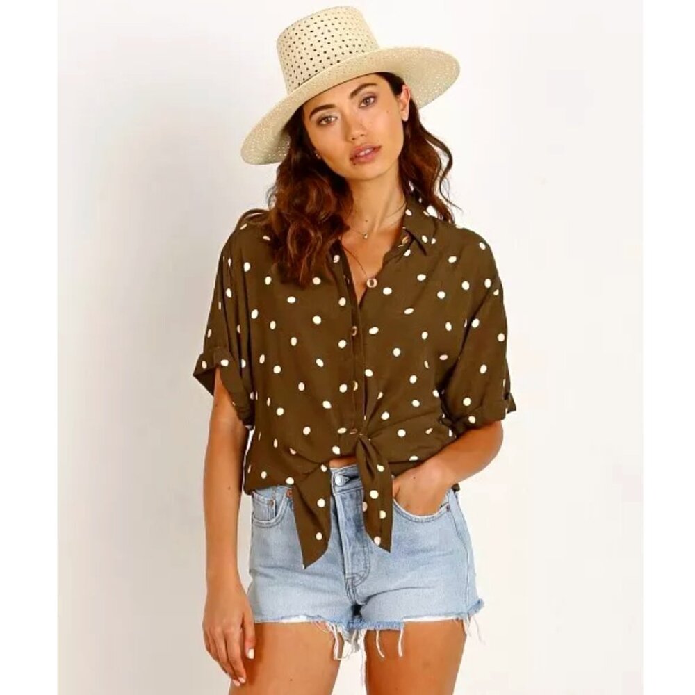FAITHFULL THE BRAND Ronja Polka Dot Collared Tied Shirt Blouse Size 6